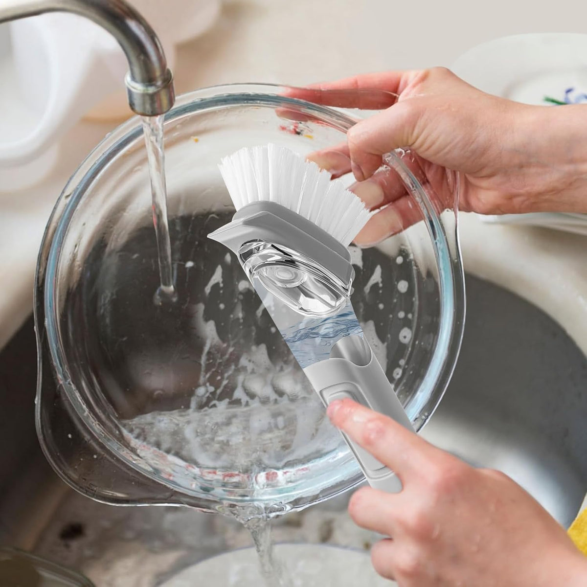 SetSail Dish Brush, Dish Cleaning Brush with Stainless Steel Handle and Replace Head Kitchen Dish Scrub Brush with Soap Dispenser for Pot Sink Pan Cleaning, Grey