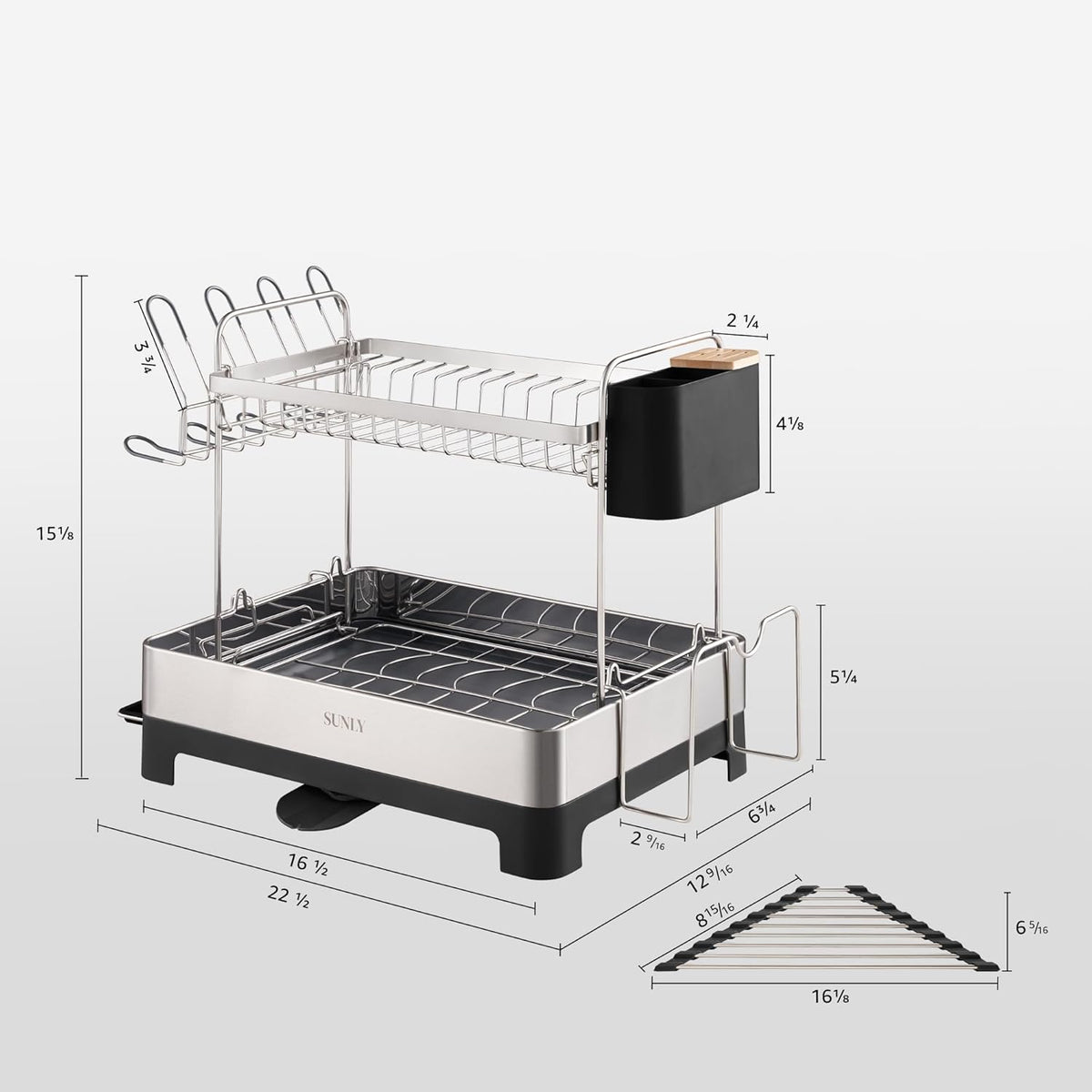 SUNLY 2 Tier Dish Drying Rack, Extra Large Dish Rack, Multifunctional Large Dish Drainers for Kitchen Counter, 304 Stainless Steel Kitchen Drying Rack, Bowl Drying Rack, Extendable Drain Spout, Black