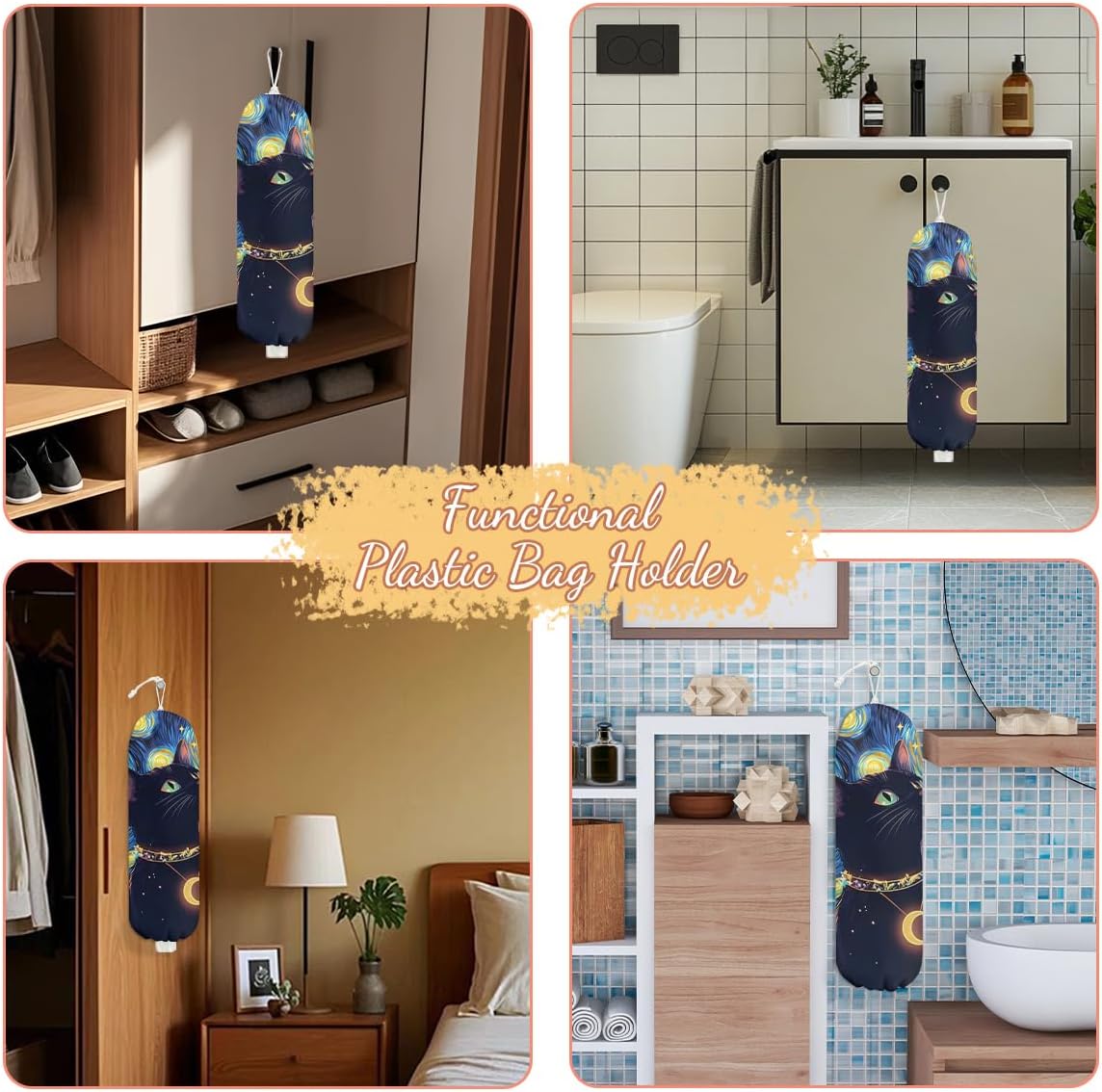 Sky Cat Plastic Bag Holder, Wall Mount Grocery Bag Holder, Plastic Storage bag, Pull Rope Free Adjustment, Plastic Bag Holders for Grocery Bags, Plastic Bag Dispenser for Home Kitchen