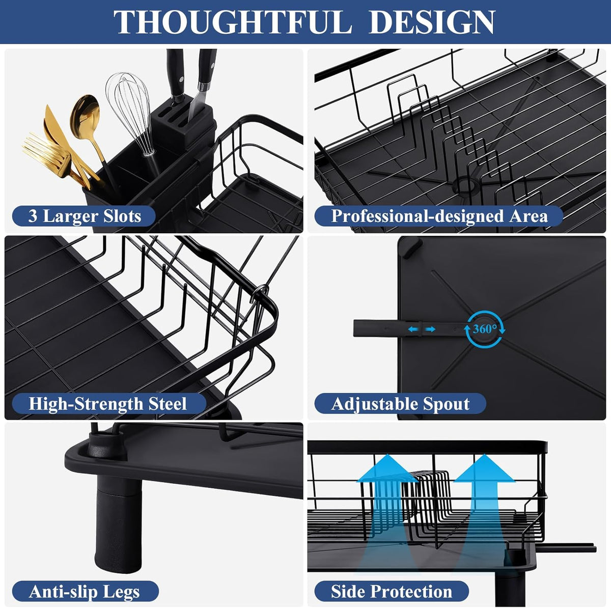 Homaxy Dish Drying Rack for Kitchen Counter (16.93''L x 12.99''W), Space-Saving Dish Drainer Rack Set with Drainboard, Large Dish Rack with Utensil Holder, Cup Rack and Knife Slots, Black