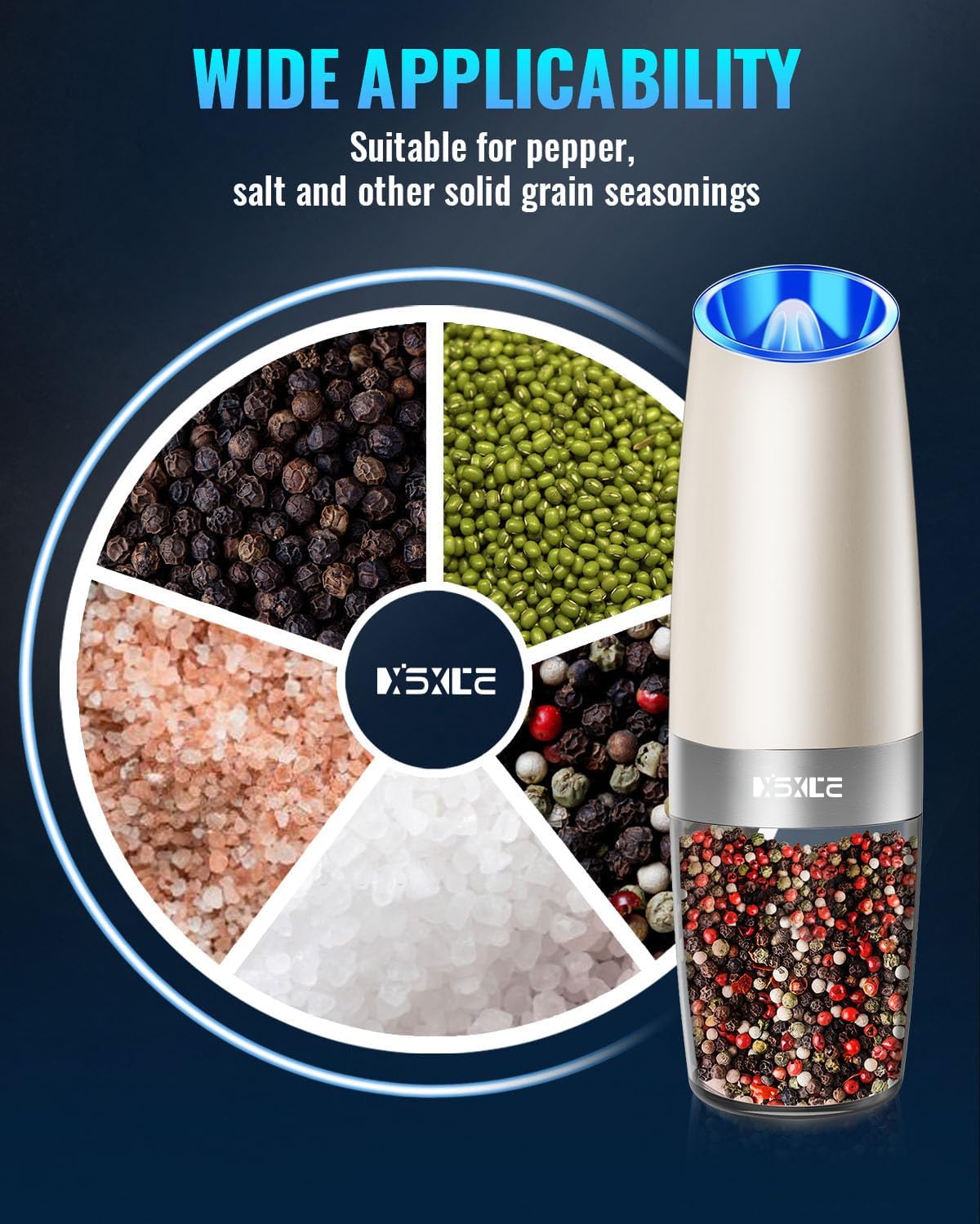 XinXu Gravity Automatic Electric Pepper and Salt Grinder, Auto Salt or Pepper Mill Shaker Stainless Steel,Blue LED Light,One Hand Operated- (Set/Khaki)