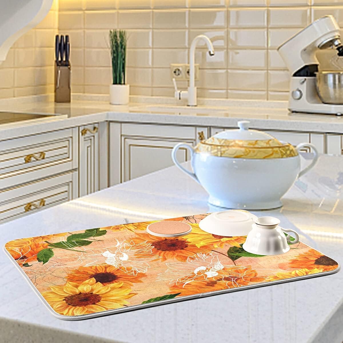 Super Absorbent Dish Drying Mat, Microfiber Fast-Drying Dish Mat, 16" x 18", Kitchen Dish Drying Pad, Watercolor Sunflowers