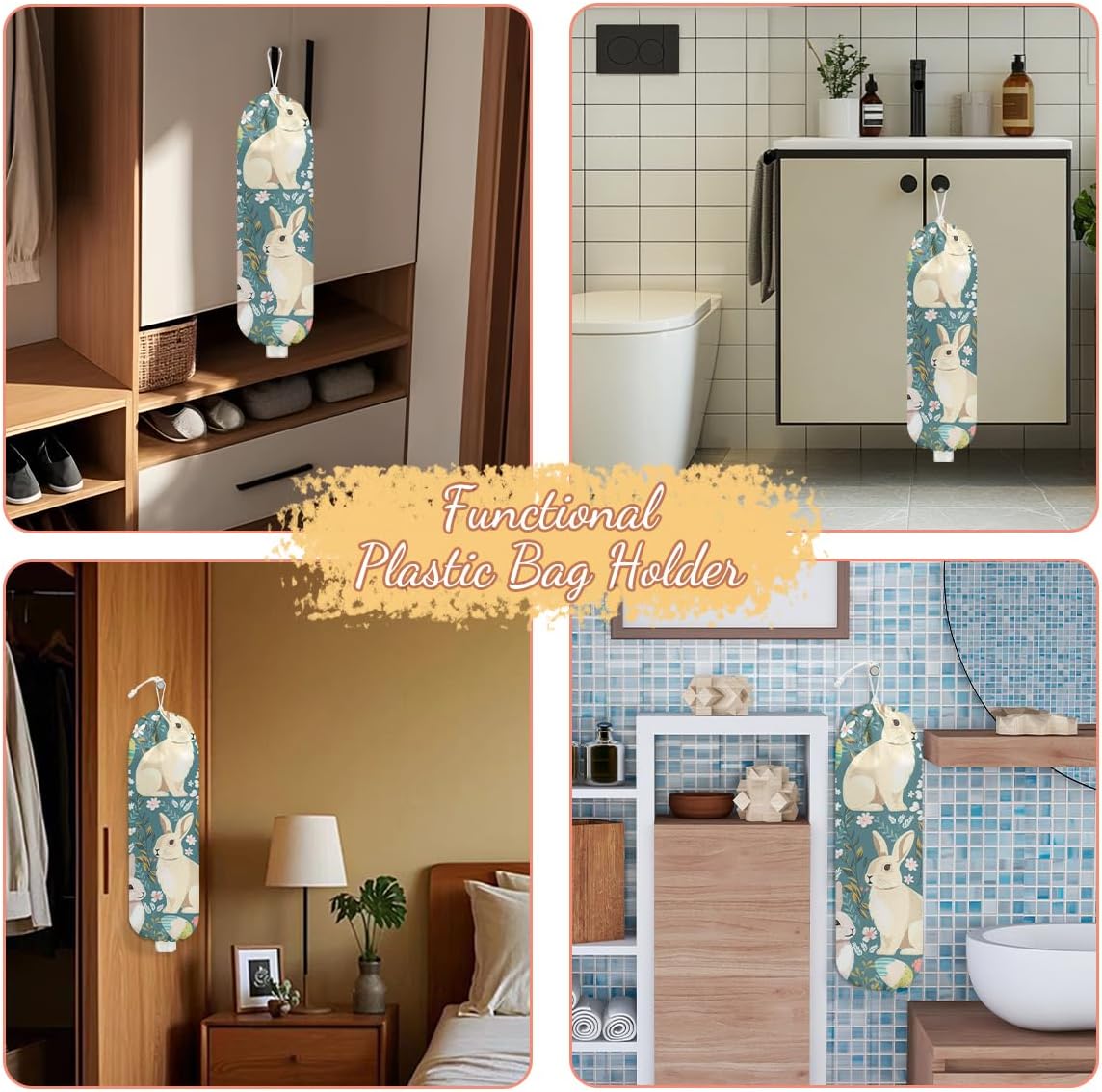 Rabbit Bunny Plastic Bag Holder, Wall Mount Grocery Bag Holder, Plastic Storage bag, Pull Rope Free Adjustment, Plastic Bag Holders for Grocery Bags, Plastic Bag Dispenser for Home Kitchen Cabinet