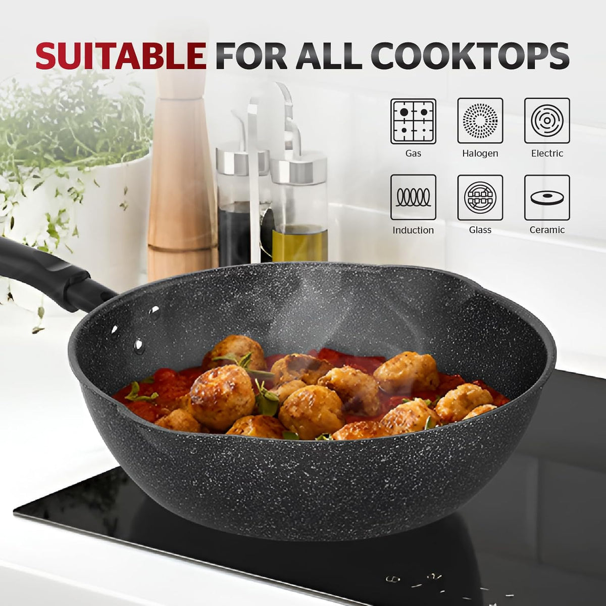 Sunhouse – 12 Inch / 30 cm Non-Stick Deep Frying Pan with Double Pour Spouts, 5-Layer Whitford Non-Stick Coating, PFOA-FREE, Stay-Cool Handle, Induction Compatible with All Cooktops