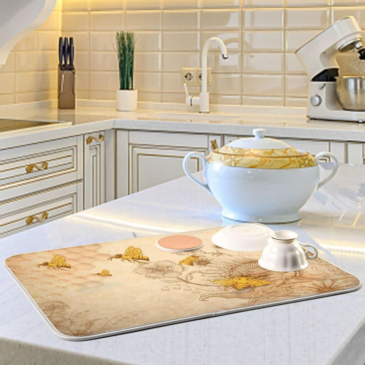 Super Absorbent Dish Drying Mat, Microfiber Fast-Drying Dish Mat, 24" x 18", Kitchen Dish Drying Pad, Sunflower Bee Retro