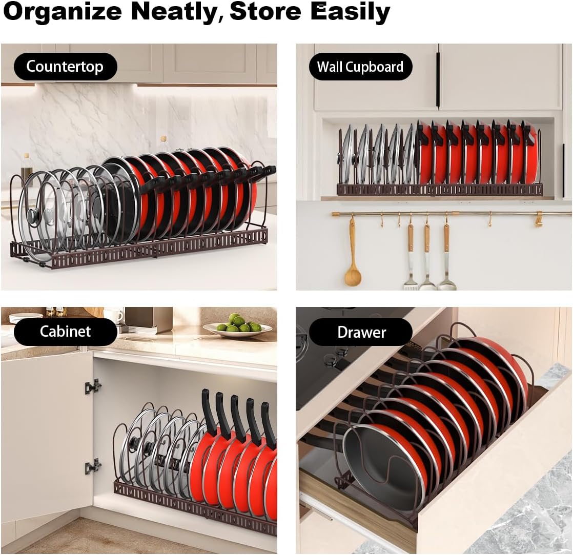 Housolution Pot and Pan Organizer Rack for Cabinet, Expandable Pot Lid Organizer with 14 Adjustable Dividers, Pan Holder Storage Rack for Kitchen Cabinet, Bronze
