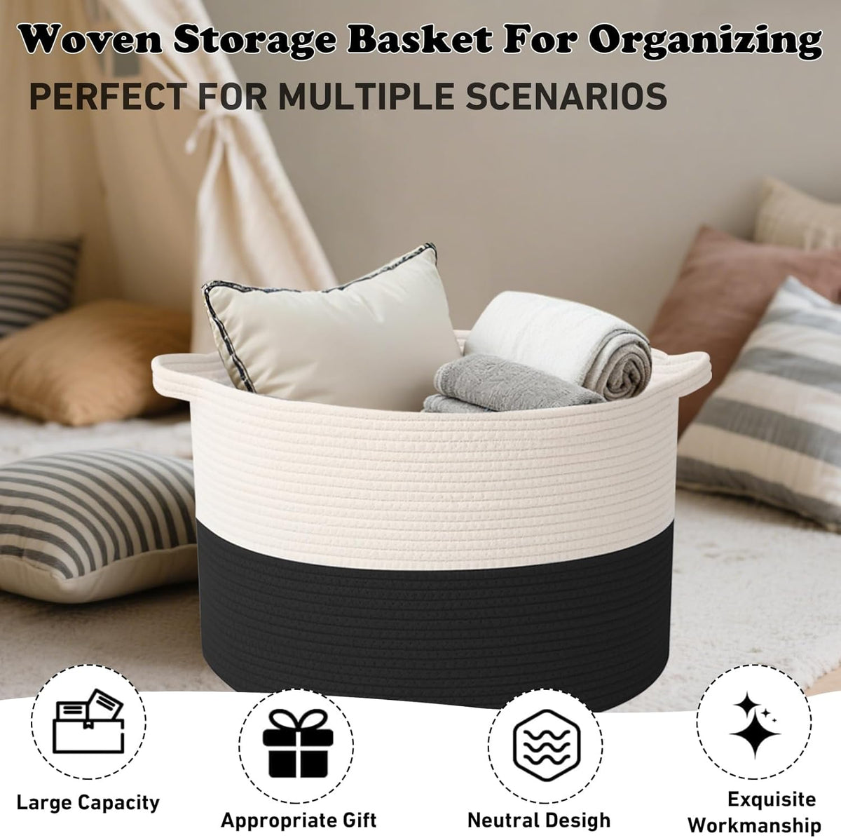 Large Blanket Basket for Organizing,65L Closet Organizers and Storage Bins Box for Shelves Woven Rope Storage Baskets,Living Room,Bedroom,Dorm,Laundry room (White&Black)