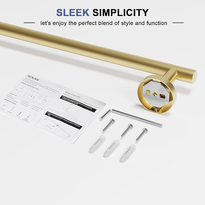Brushed Gold Towel Bar, 24 Inch Towel Racks for Bathroom Wall Mounted, SUS304 Stainless Steel Bathroom Towel Holder, Total Length 26.4 Inch Towel Bars