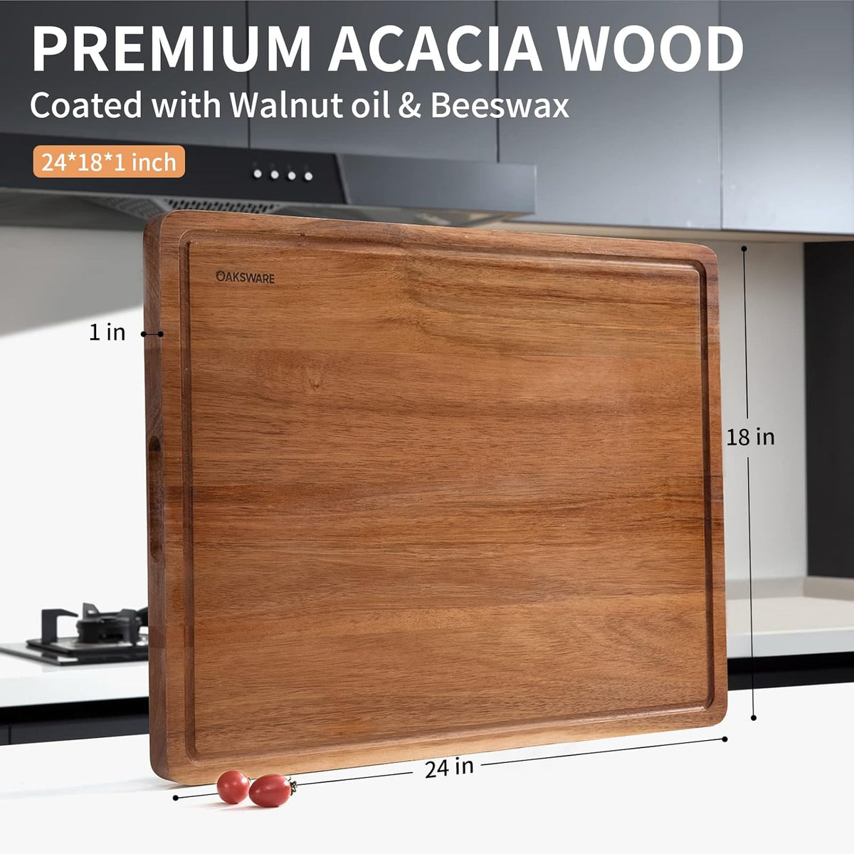 OAKSWARE Cutting Boards, 24 x 18 Inch Extra Extra Large Acacia Wooden Cutting Board for Kitchen, Edge Grain Wood Chopping Board with Juice Groove and Handles, Pre-Oiled Carving Tray for Meat & Cheese