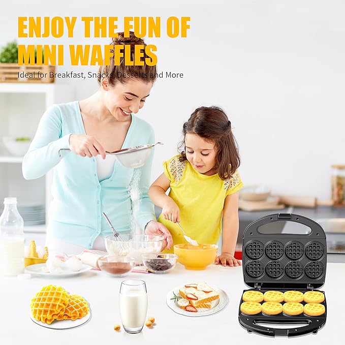 OSTBA Mini Waffle Maker: 750W Powerful Heating, Cooks 8 Waffles at Once, Fast & Even Cooking, Non-Stick & Easy Clean, Compact & Portable for Family Breakfast