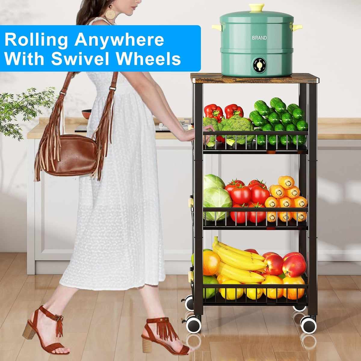 Fruit Vegetable Storage Basket for Kitchen, 4 Tier Large Pull-Out Metal Wire Baskets with 3 Pack Mats Bottom, Wood Top and Wheels, Vegetable Produce Bins Stand Cart Rack for Onions and Potatoes