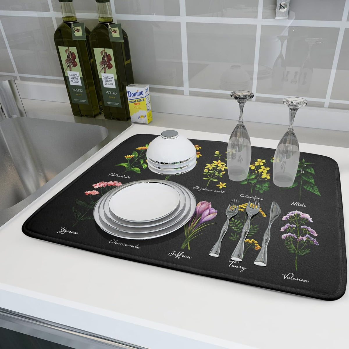 Black Flower Herbs Dish Drying Mat 18x24 Inch Botanical Floral Microfiber Drying Mats with Hanging Loop Foldable Absorbent Dish Drainer Rack Pad
