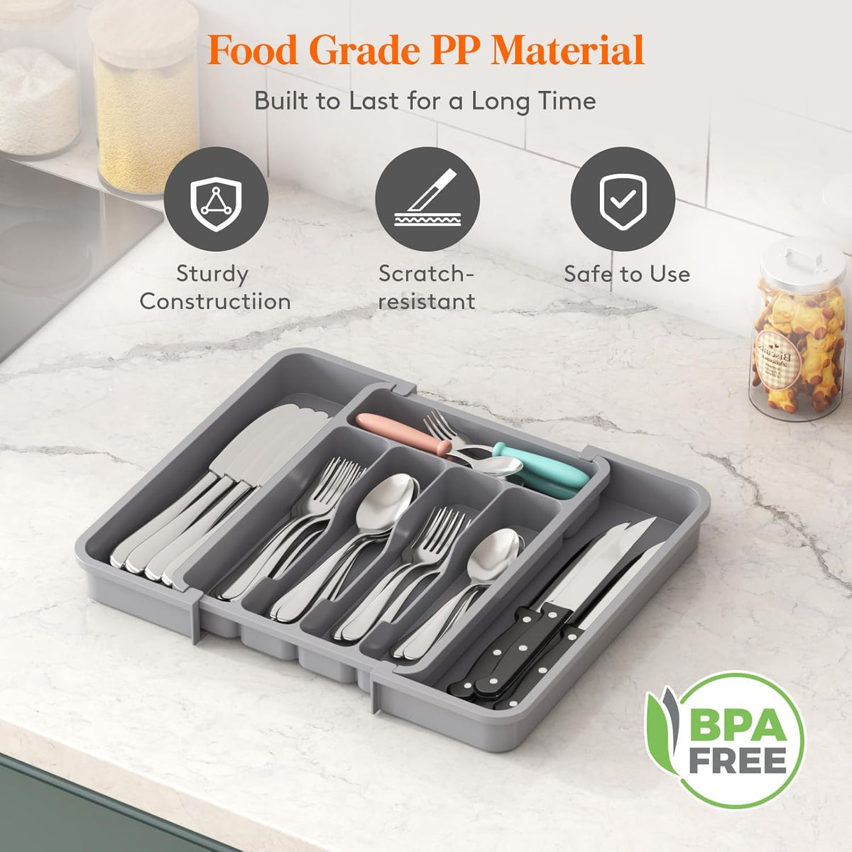 Lifewit Silverware Drawer Organizer, Expandable BPA Free Utensil Tray for Kitchen, Adjustable Flatware and Cutlery Holder for Spoons Forks Knives, Plastic Kitchen Organizers and Storage, Gray