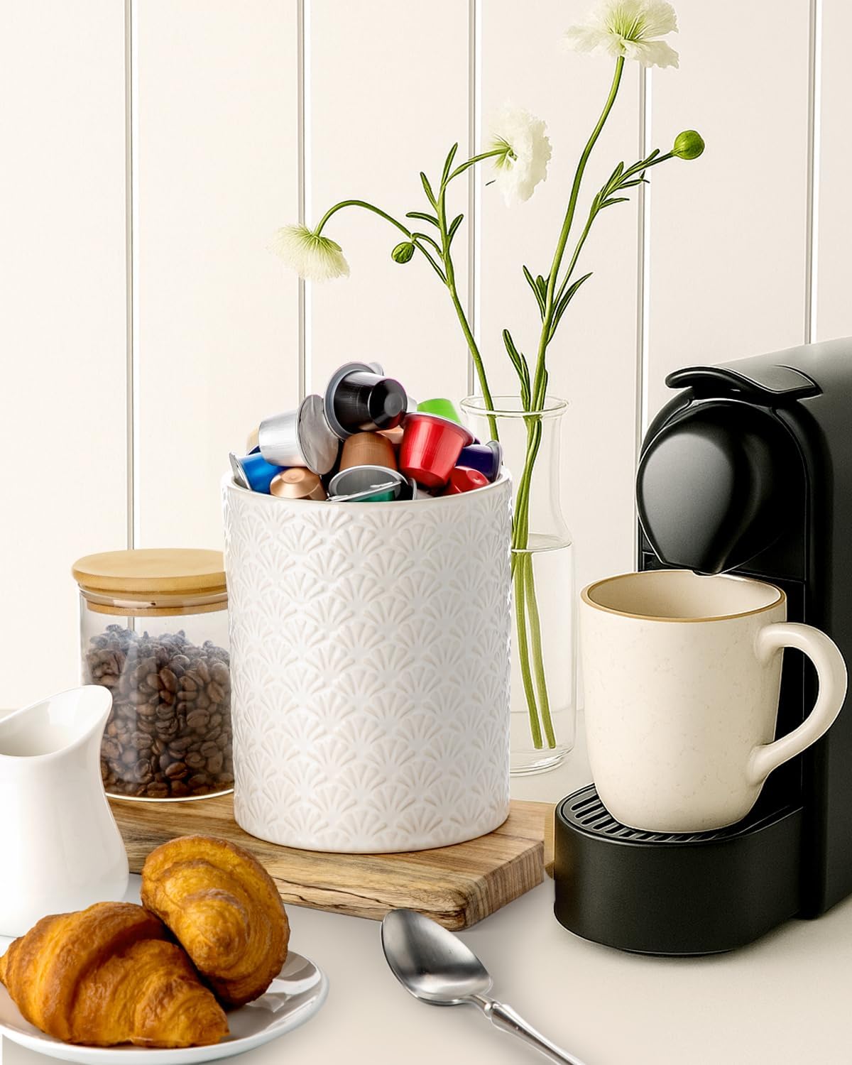 Nucookery 6.4'' Utensil Holder - Ceramic Utensil Holder for Kitchen Counter, Large Capacity Countertop Storage, Farmhouse Style Utensil Crock Organizer for Spoons, Spatulas & Cooking Tools