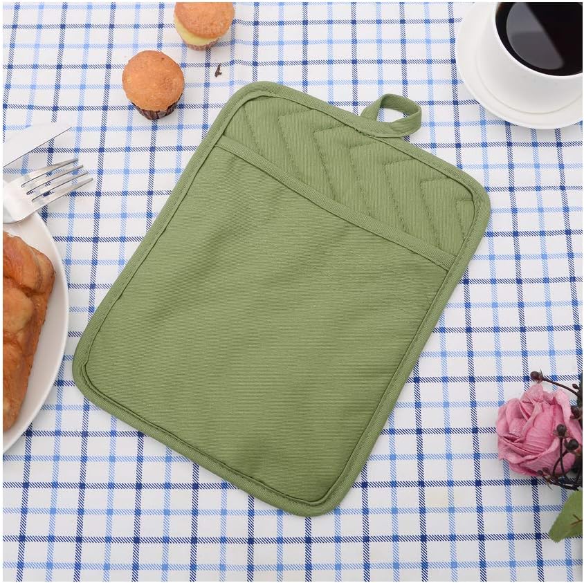 Anyi Heat Resistant Pot Holders, Cotton Hot Pads for Counter & Table, Green with Pocket