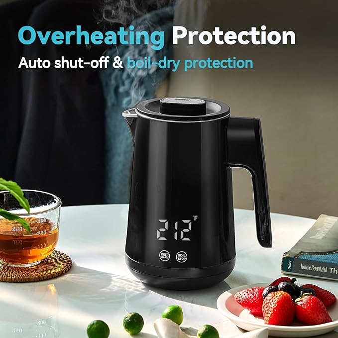 Seehot® 850ml Small Electric Kettle Temperature Control,800W Double Wall Electric Tea Kettle of 304 Stainless Steel,5 Temp Presets,Hot Water Kettle Electric,Auto Shut Off for Tea and Coffee-Black