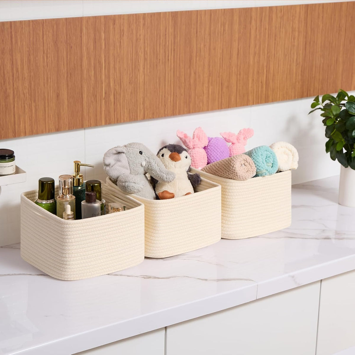 Small Organizing Baskets for Cubes Shelf, 9.7x9.7x7.1 Inch Rope Woven Storage Bins for Nursery Shelves Storage, Cute Toy Basket, Square 3 Packs Beige