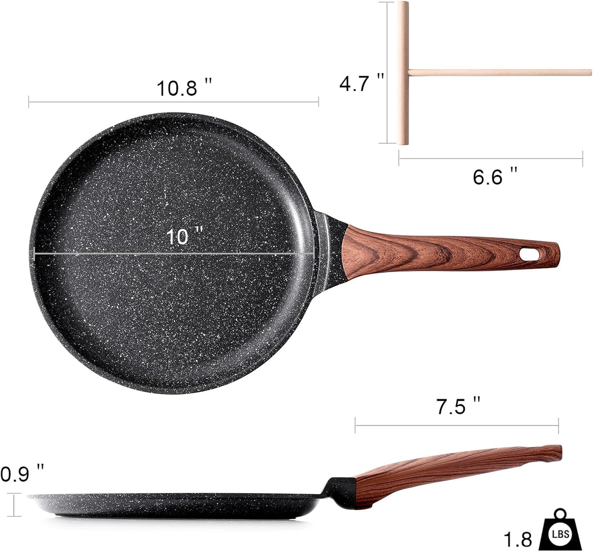 Crepe Pan Nonstick, 10 Inch Dosa Pan with Spreader, Granite Coating Comales Para Tortillas Pancake Pan, Flat Pan for Stove Top, Induction Compatible, PFOA Free