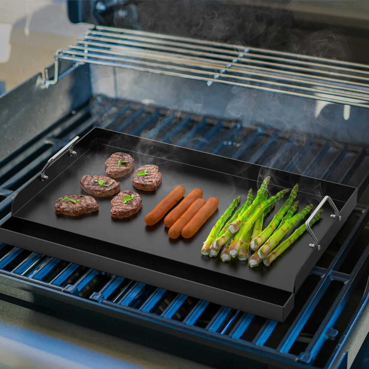 25" x 16" Universal Stovetop Griddle for Most Gas Stove/Charcoal/Electric Grill,Pre-Seasoned Flat Top Plate with Removable Handles for Camping & Tailgating, Plancha Para Cocinar, Nonstick Carbon Steel