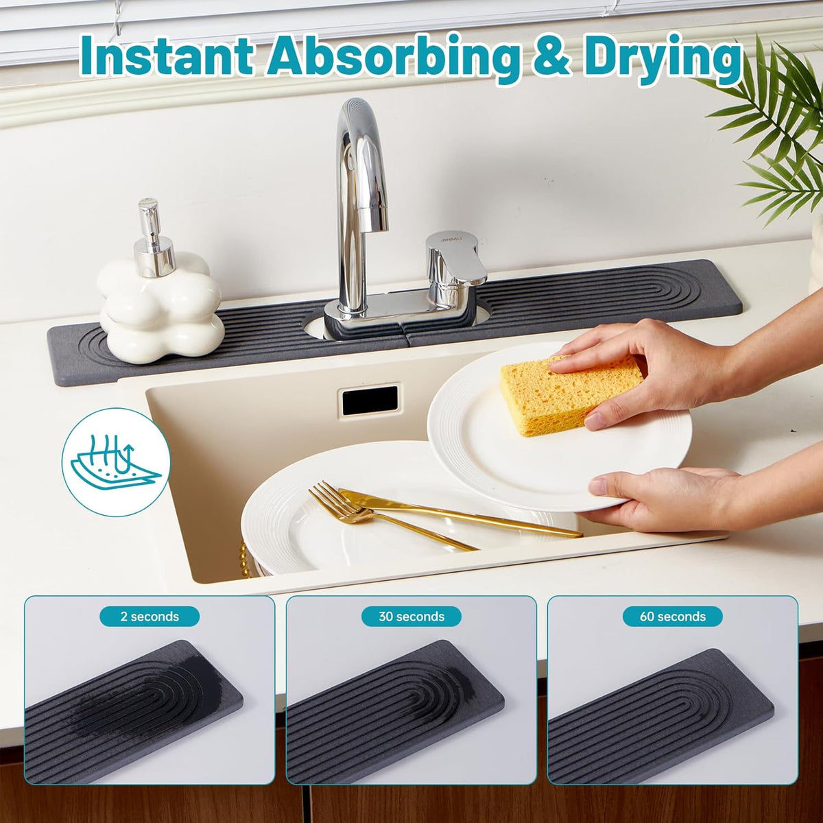 Stone Faucet Mat for Kitchen Sink with Oval Hole – 23.6" × 3.9" Diatomite Drying Stone Mat & Sink Protector, Quick-Dry Splash Guard Water-Absorbing Tray for Bathroom Counter(Dark Gray.23.6" x 3.9")