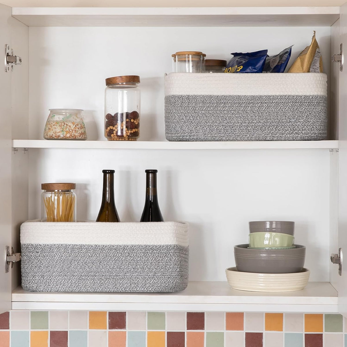 Storage Baskets for Organizing 3 Pack, Woven Baskets for Shelves, Closet Organizer Bins Empty Gift Basket Toy Storage for Toys, Books, Towels, Clothes, 15"x11.42"x6.7", Grey