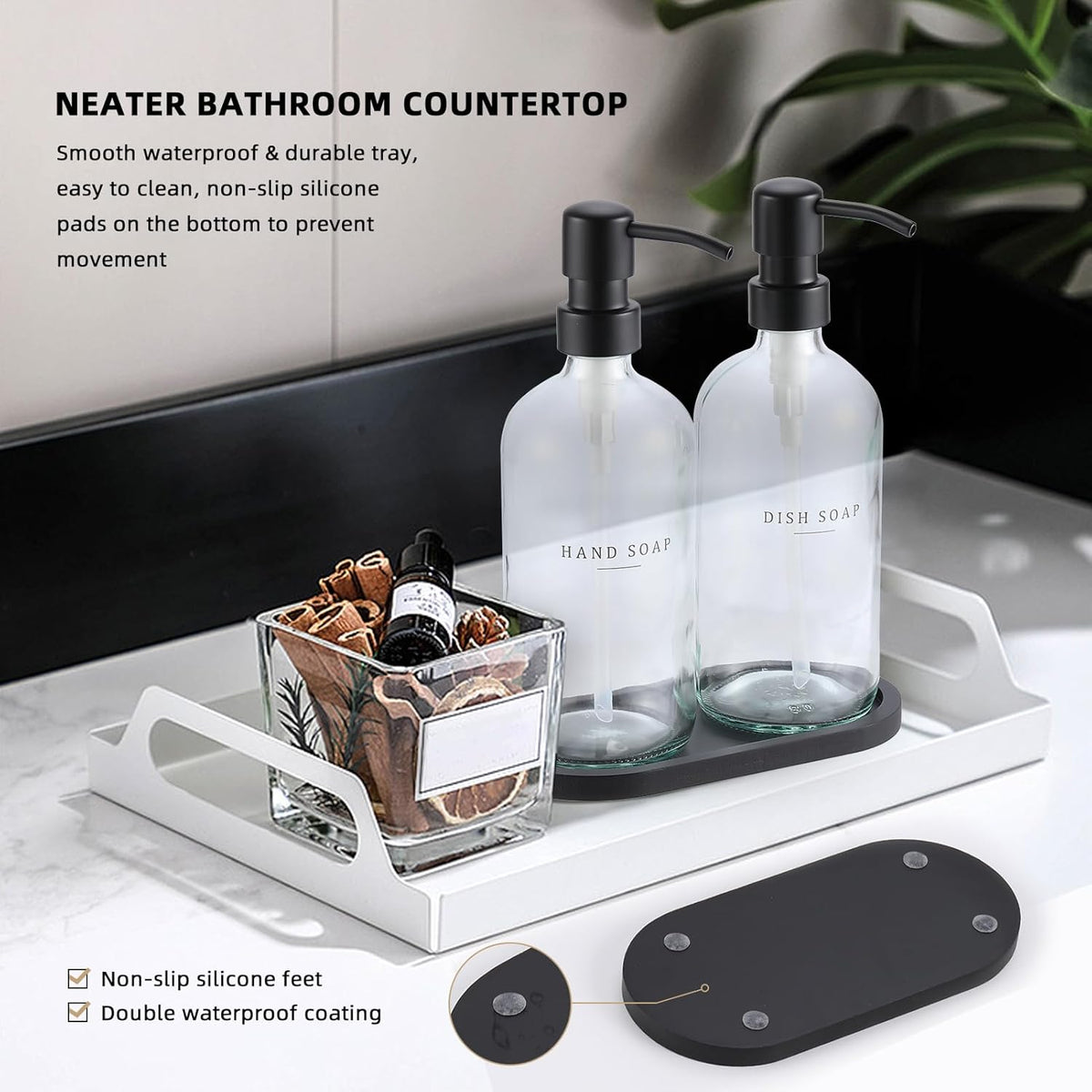 Glass Soap Dispenser - Dish Hand Soap Dispenser for Kitchen, Bathroom Soap Lotion Dispenser with 304 Rust Proof Pump, Tray, Clear Bottle/Black Pump