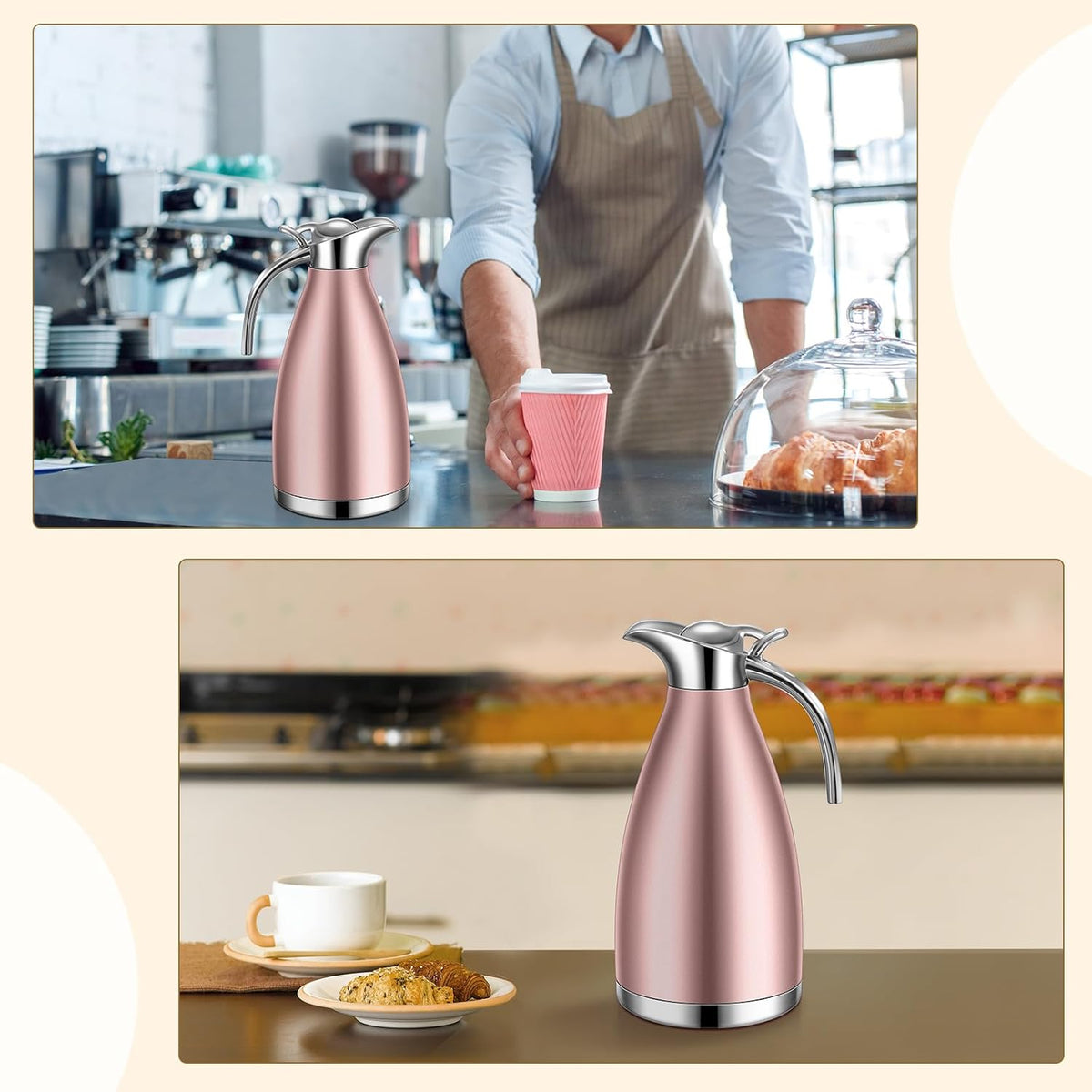 Uiifan 2 Pcs 68 oz Thermal Coffee Carafe Insulated Stainless Steel Coffee Carafe for Hot Liquids Vacuum Thermal Pot Creamer Dispenser with Brushes Keeping Hot Tea Milk Water(Rose Gold)