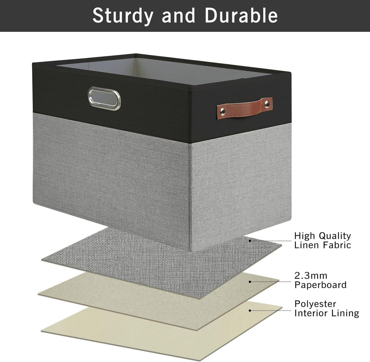 Large Collapsible Fabric Storage Bins with 3 Handles, Foldable Organizer Baskets for Closet, Shelves, Living Room | 3 Pack, Durable PU & Metal Handles (17"x11.8"x11.8", Black & Gray)