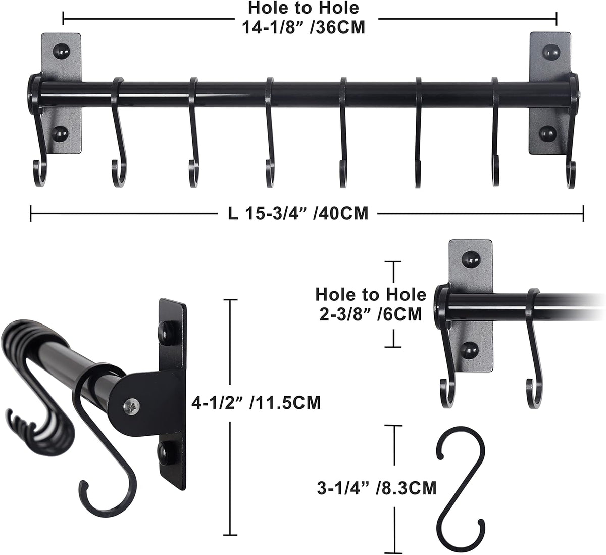 Dseap Kitchen Utensil Holder Hanger, Pot and Pan Rack Wall Mounted, Kitchen Rail with 8 Hooks for Hanging Cooking Utensils, Mugs, Spoons, Wall Mounted, Black