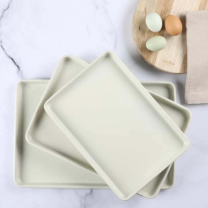Martha Stewart Gallen 3-Piece Cookie Sheet Set – 13", 15", 17" Baking Pans, Ceramic Nonstick, PFA-Free, Carbon Steel – Oven Safe to 450°F, Warp-Resistant, Easy to Clean - Linen White