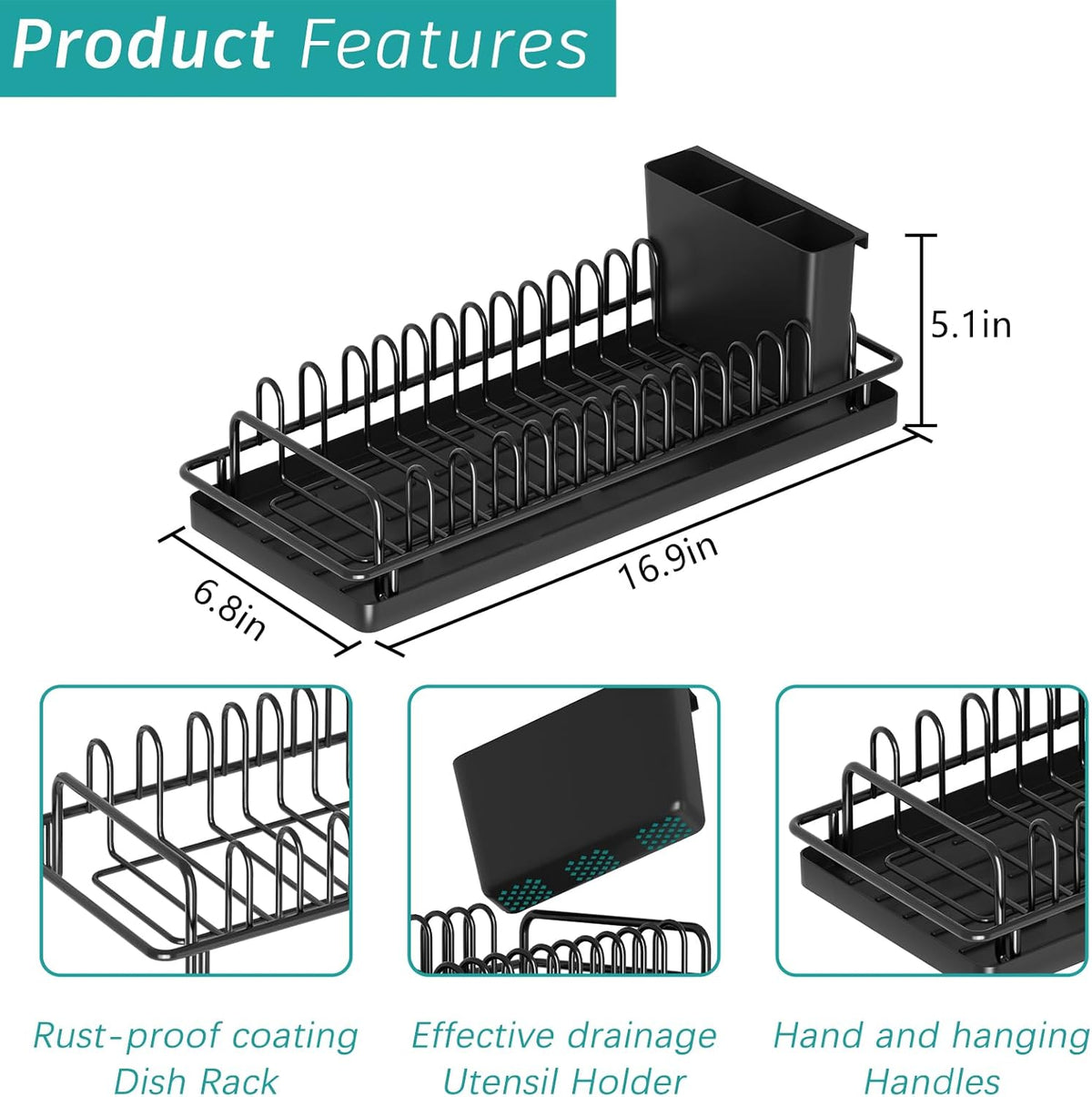 Giwil Small Dish Drying Rack, Compact Dish Rack with Silicone Tray and Caddy, Multifunctional Dish Drainer Sink Drying Rack for Kitchen Counter & Over The Sink, Stainless Stell, Black