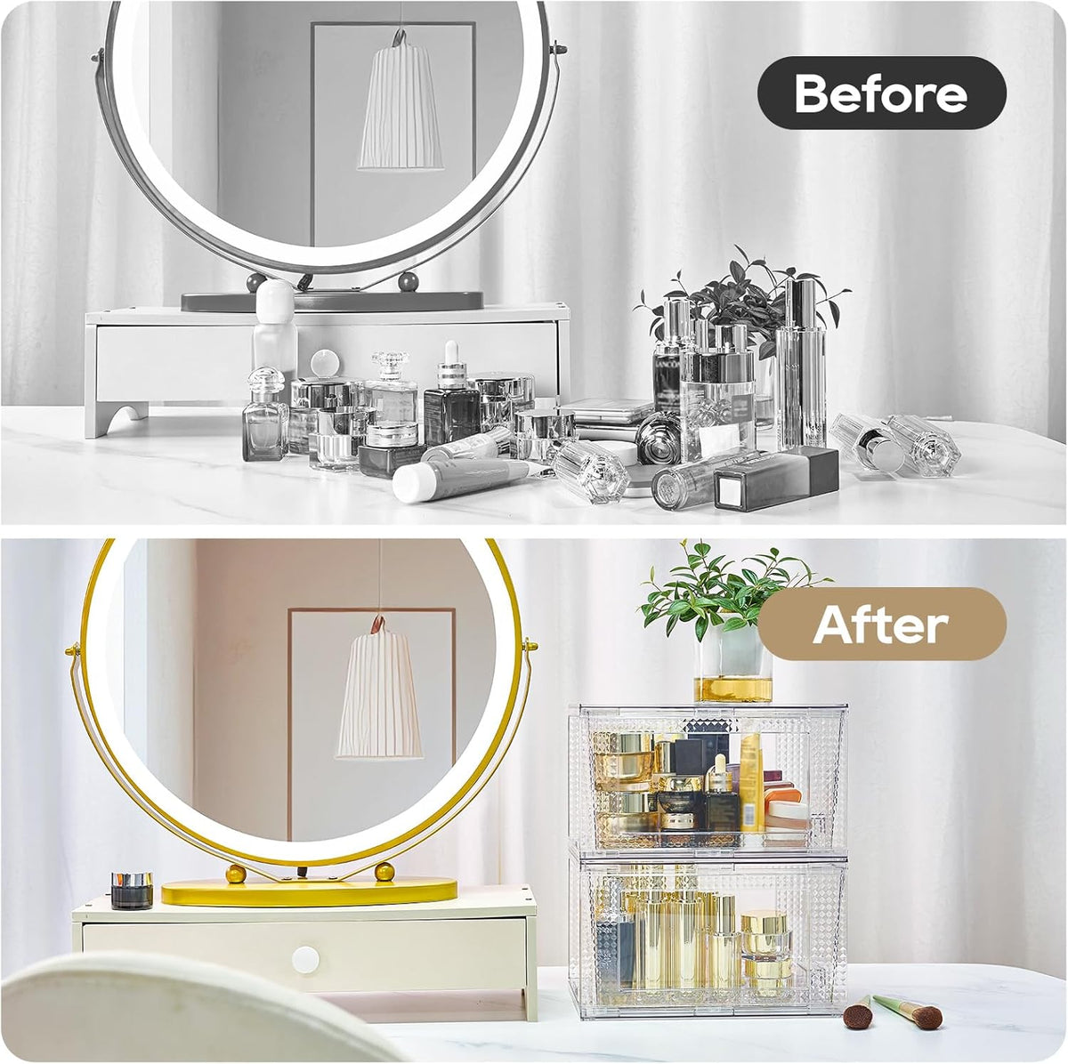 JollyPack 4 Pack Clear Stackable Storage Drawers, Easy to Assemble Multi-Use Bathroom Organizers and Storage, Suitable for Vanity, Bathroom, Makeup, Under Sink, Office, Kitchen and Pantry