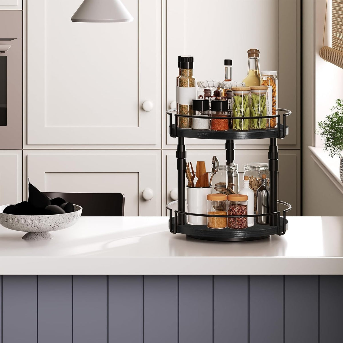 HOOBRO Lazy Susan Organizer Spice Rack, 2-Tier Height Adjustable Rotating Lazy Turntable Spice Organizer, for Kitchen Countertop and Cabinet, Black BB05TL01