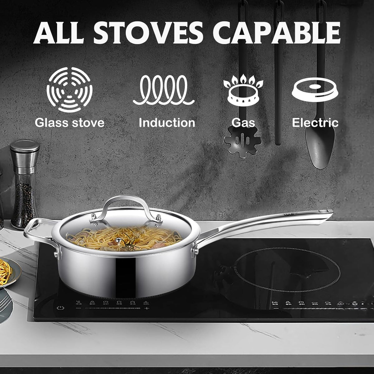 Frying Pans Nonstick Set with Lid,Hybrid Non Stick 5 Quart Saute pan,10 inch Skillet,8 inch Skillet PFOA Free Cookware,Stainless Steel skillet,Deep Saute Pan,Dishwasher Safe,Works on All Cooktops