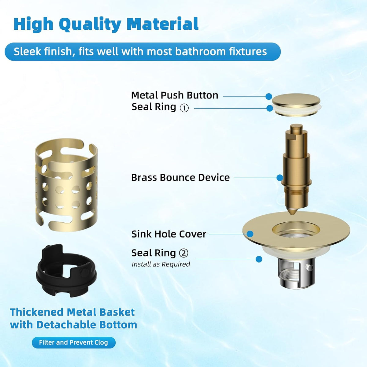 Universal Bathroom Sink Stopper Hair Catcher Upgraded with 2-Layer Detachable Filter Basket, 4 in 1 Pop Up Drain Strainer, Anti-Clog, Odor-Block, Fit for 1.1''~2.36'' Sinks, 2PCS, Brushed Gold