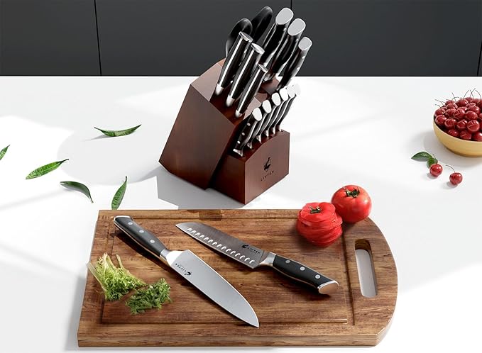 Livtek Knife Set with Block - Kitchen Knife Set German High-Carbon Stainless Steel with Built-in Sharpener - Full Tang, Triple-Rivet Ergonomic Handle - Holiday Gift Idea - 15-Piece, Falcon Series.