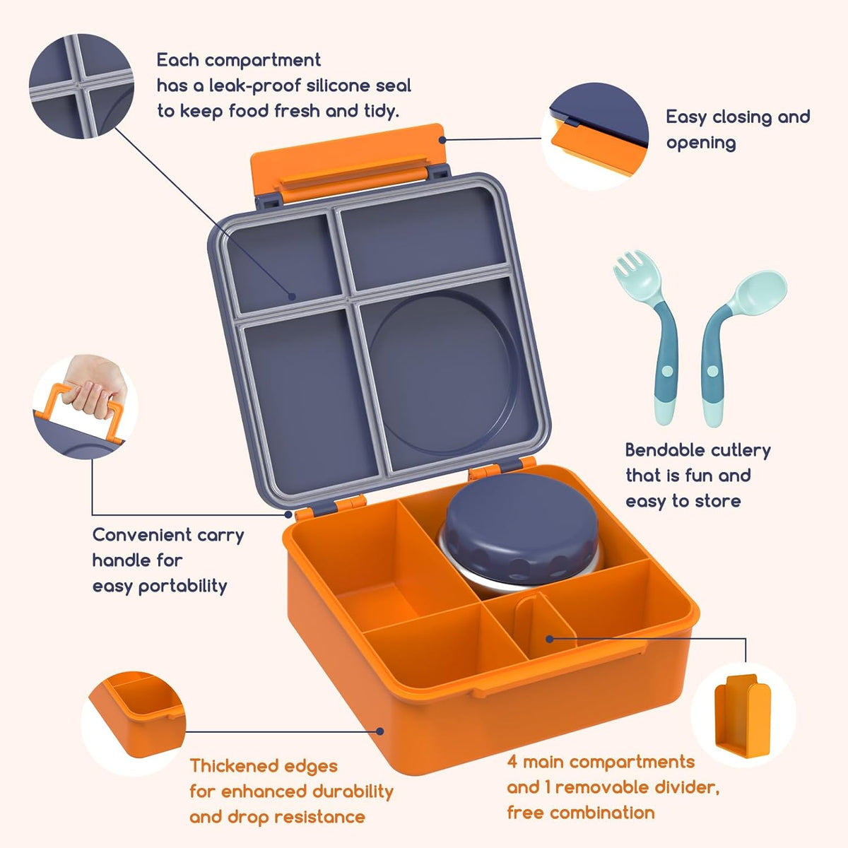 Bento Box for Kids - Leak-Proof Lunch Box with Insulated Thermos Food Jar - 4 Compartments, 1 Removable Divider, 1Spoon, 1 Fork - Dishwasher Safe, BPA-Free (Navy blue)