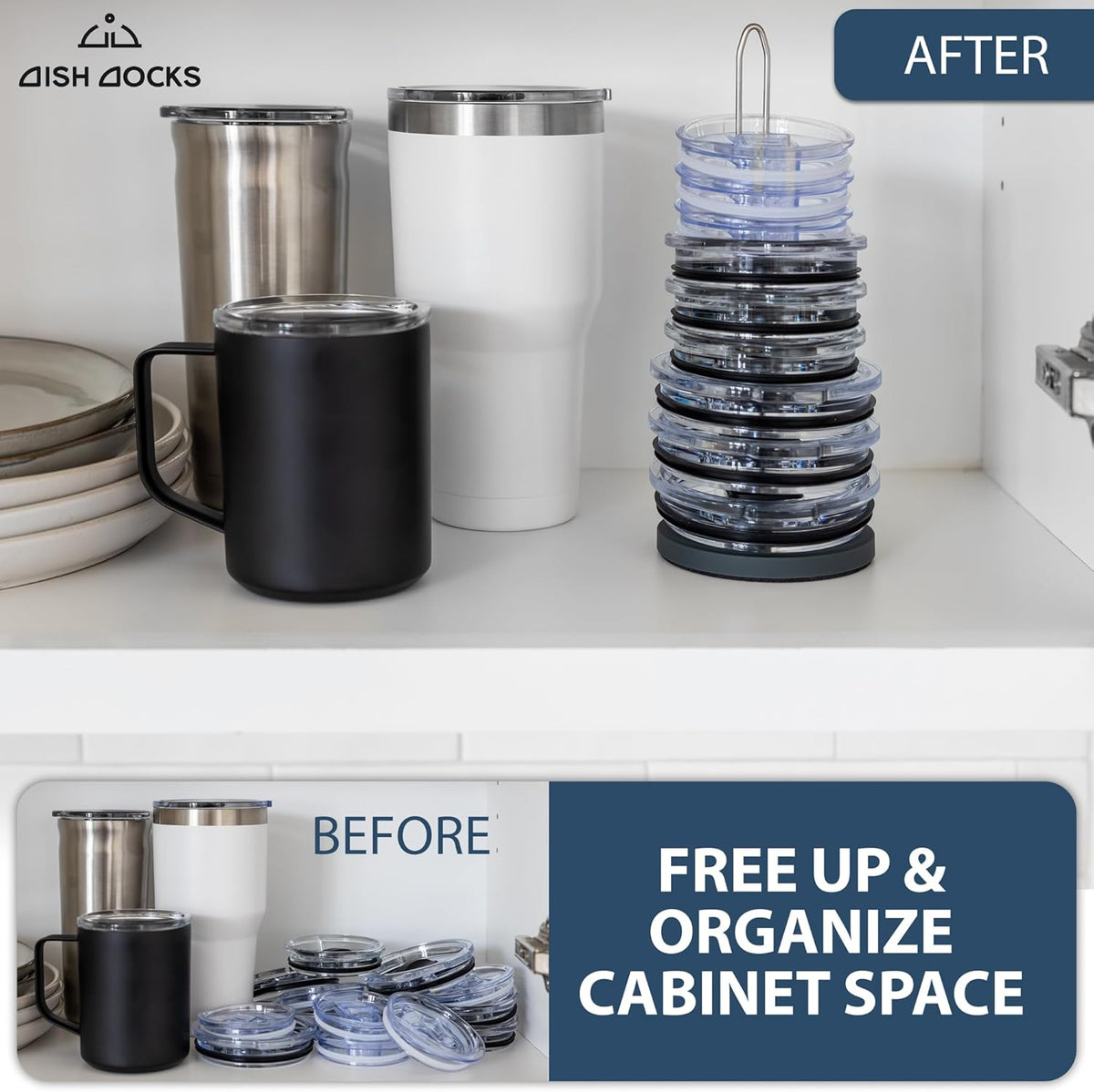 2-pk Tumbler Lid Organizer for Cabinet & Countertop - Slim Space-Saving Lid Holder with 9" Sturdy Bar & Weighted, Non-Slip Base - Vertical Storage Cup Lid Organizer - Collapsible Lid Rack for 10 Lids