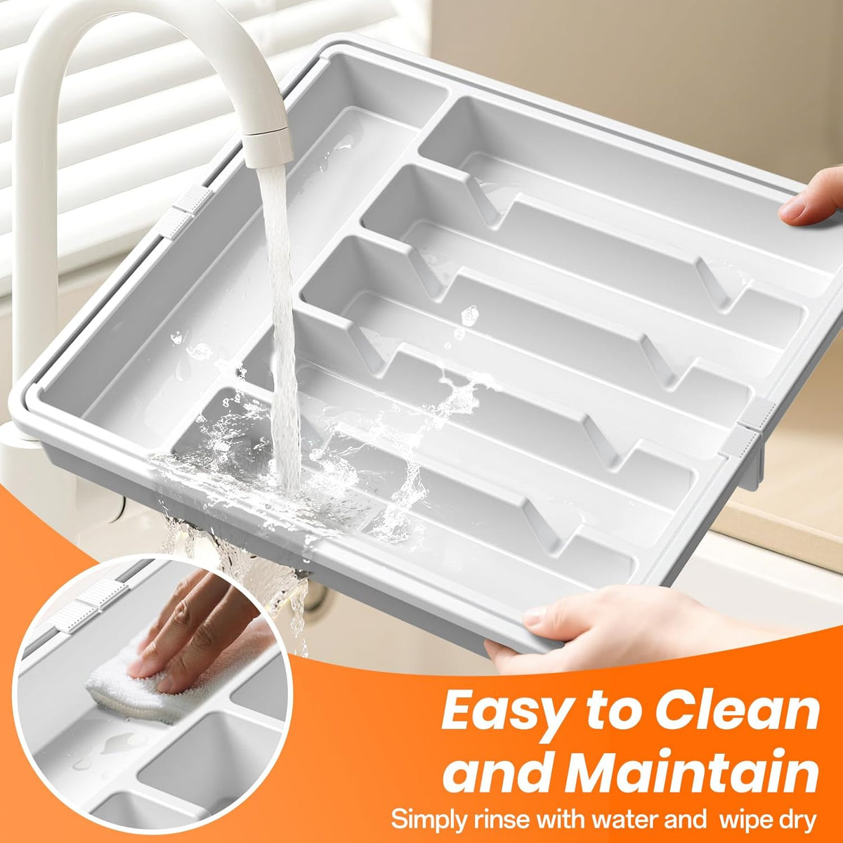 Large Silverware Organizer,Expandable Utensil Drawer Organizer,BPA Free Utensil Holder,Adjustable Silverware Tray Cutlery Drawer Organizer for Kitchen Flatware,Large,White (6-8 Slots)
