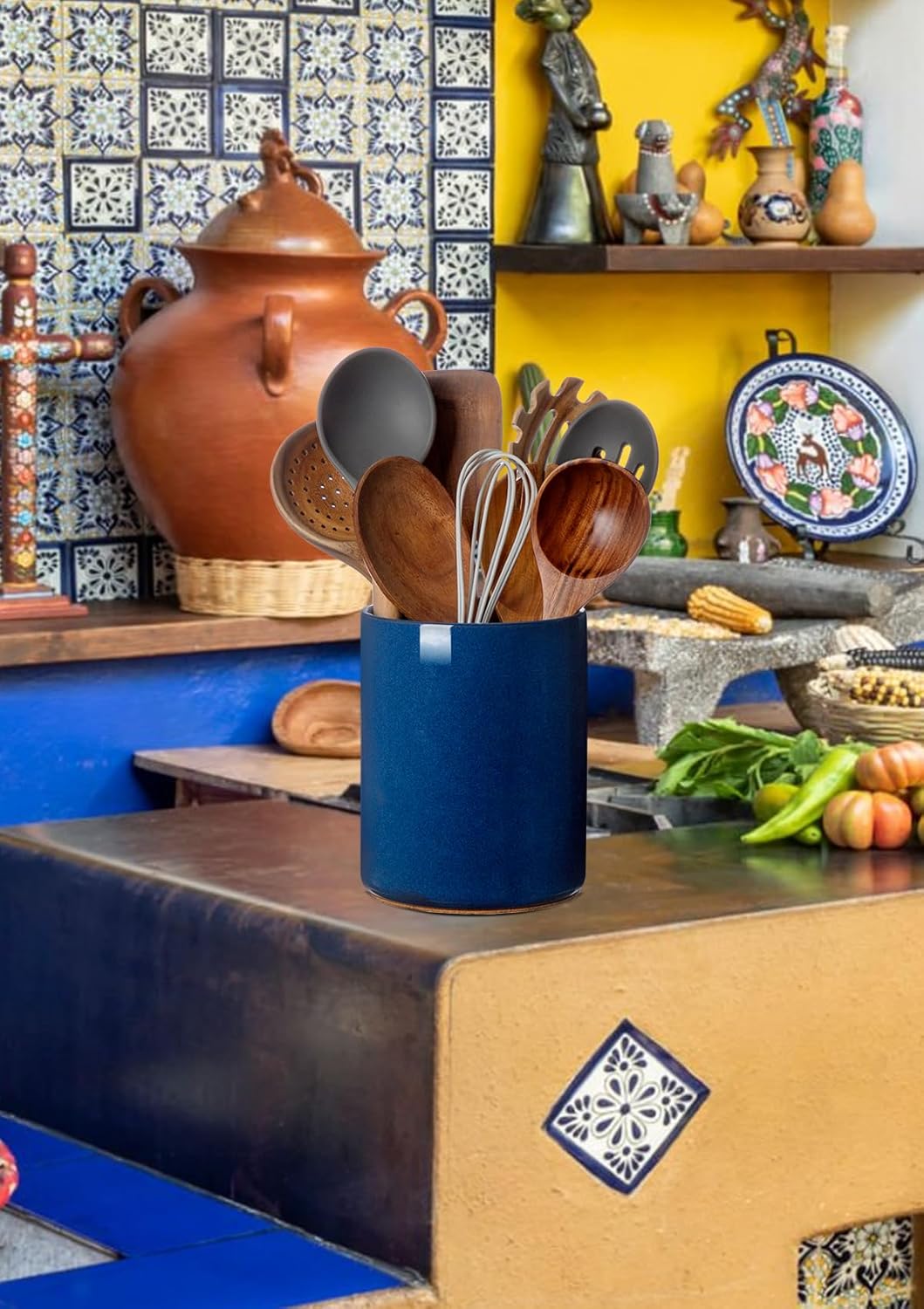 Nucookery Utensil Holder, 6.4" Ceramic Kitchen Utensil Holder for Countertop with Protection Cork Bottom, Vintage Farmhouse Kitchen Decor for Counter, Gift (Royal blue)