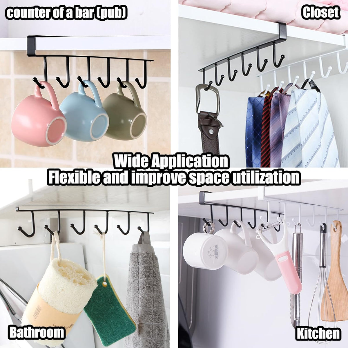 6PCS Mug Hooks Under Cabinet,Mug Holder Under Shelf,Coffee Cups Holder Hanger with 6 Hooks for Kitchen Utensils,Fit for 0.95 inch Thickness or Less,Drilling Free (Black)