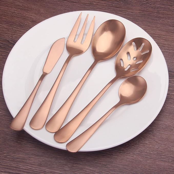 Matte Rose Gold Serving Set,SHARECOOK 5-Piece 18/0 Stainless Steel Large Hostess Set with Round Edge, Satin Finished, Dishwasher Safe -Spoons, Forks,Butter Knife& Slotted Spoon