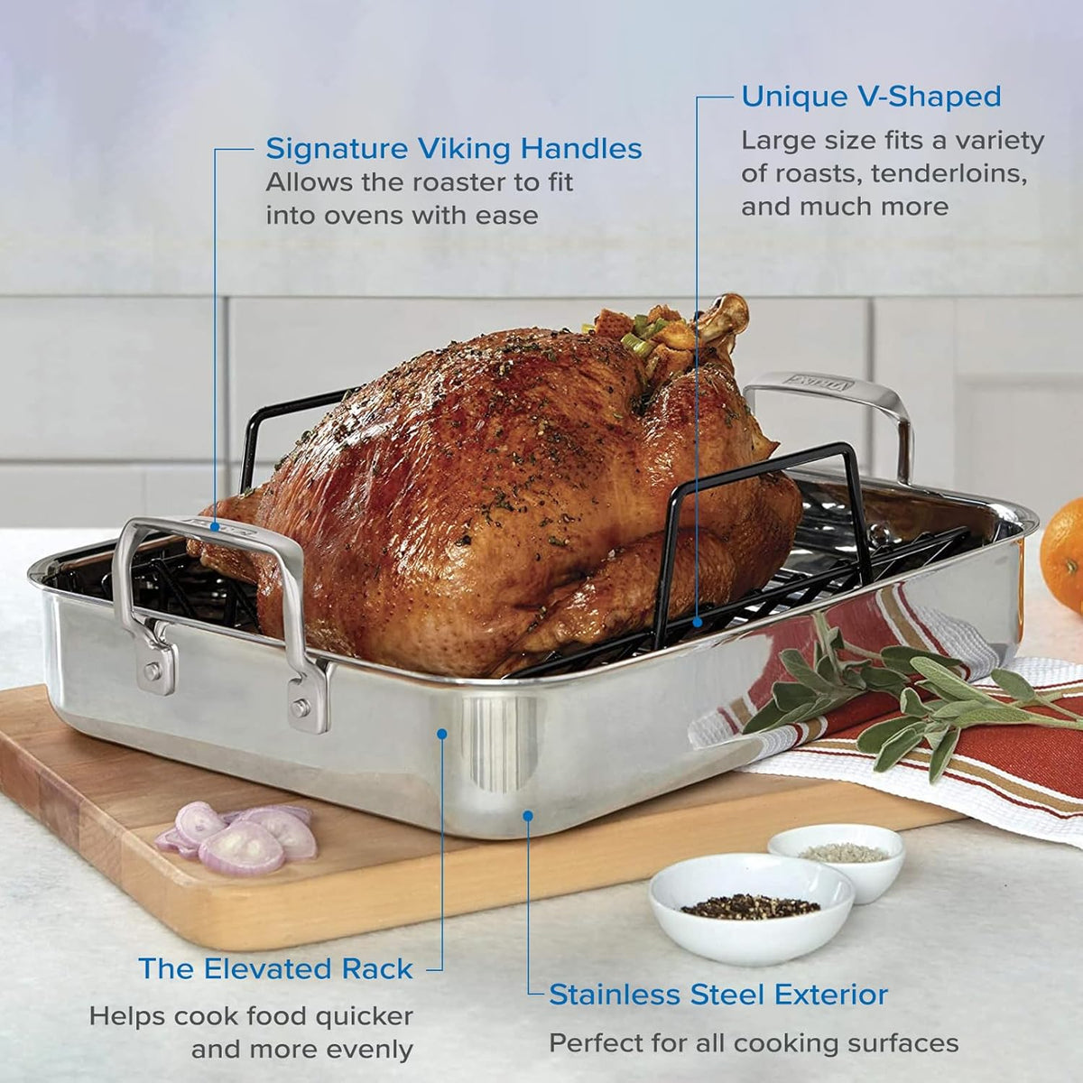 Viking 3-Ply Stainless Steel Roasting Pan with Non Stick Rack, 16 x 13 Inch Kitchen Cookware, Great for Turkey, Includes Probe Thermometer, Dishwasher and Oven Safe, Induction Ready, Silver