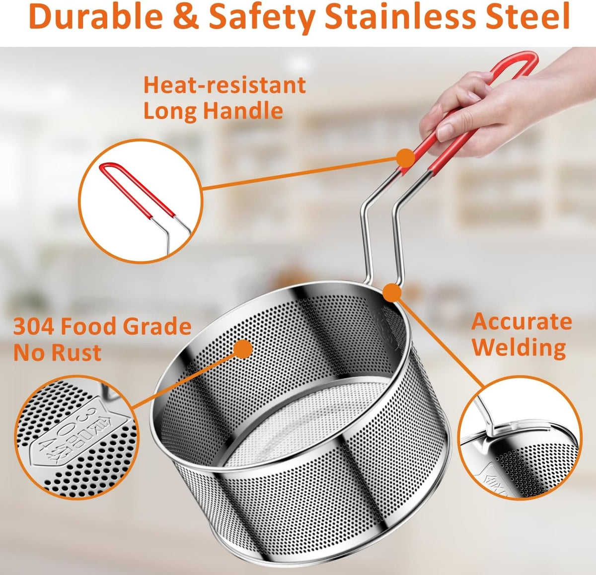 Deep Fryer Basket, 7.8''x4'' Fry Only, Round Stainless Steel Frying Baskets with Heat Resistant Silicone Handle, for Kitchen Cooking Strainer Colander, Serving Food, Ideal for Gift, 3-Quart