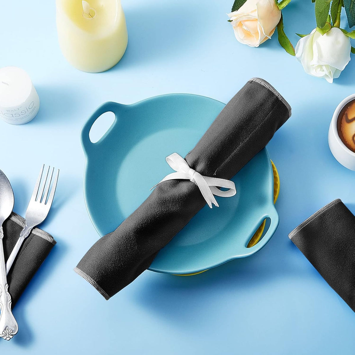 Hillban 12 Pcs Anti Tarnish Silver Storage Bags Silver Storage Cloth Felt Flatware Organizer Anti Tarnish Protector Bags Place Setting Roll with White Ribbon for Kitchen Cutlery Utensils (Black)