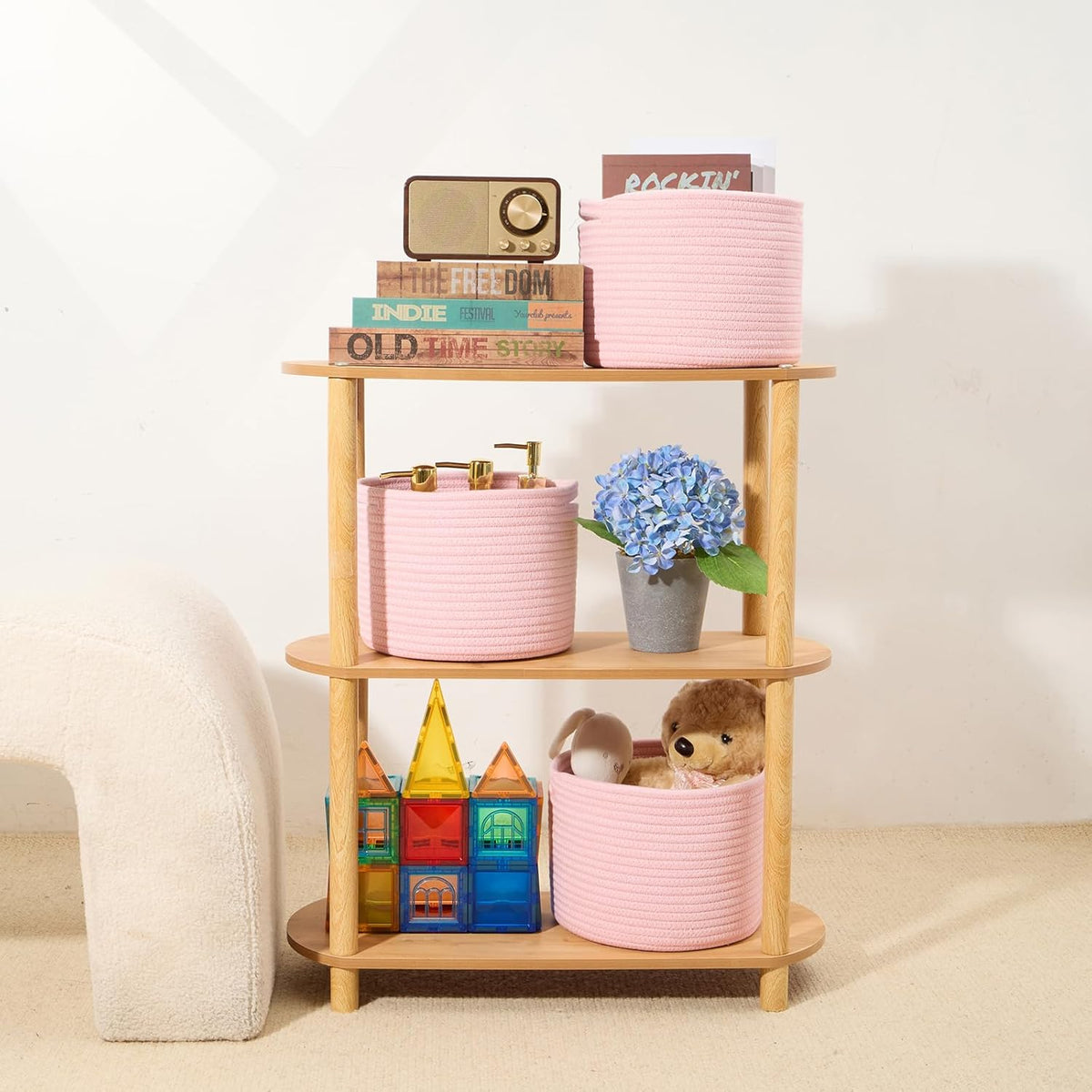Small Basket for Organizing | Cube Shelf Closet Storage Baskets | 9.7×9.7×7.1” | Woven Rope Gift Basket | Nursery | Round 3 Packs Light Pink
