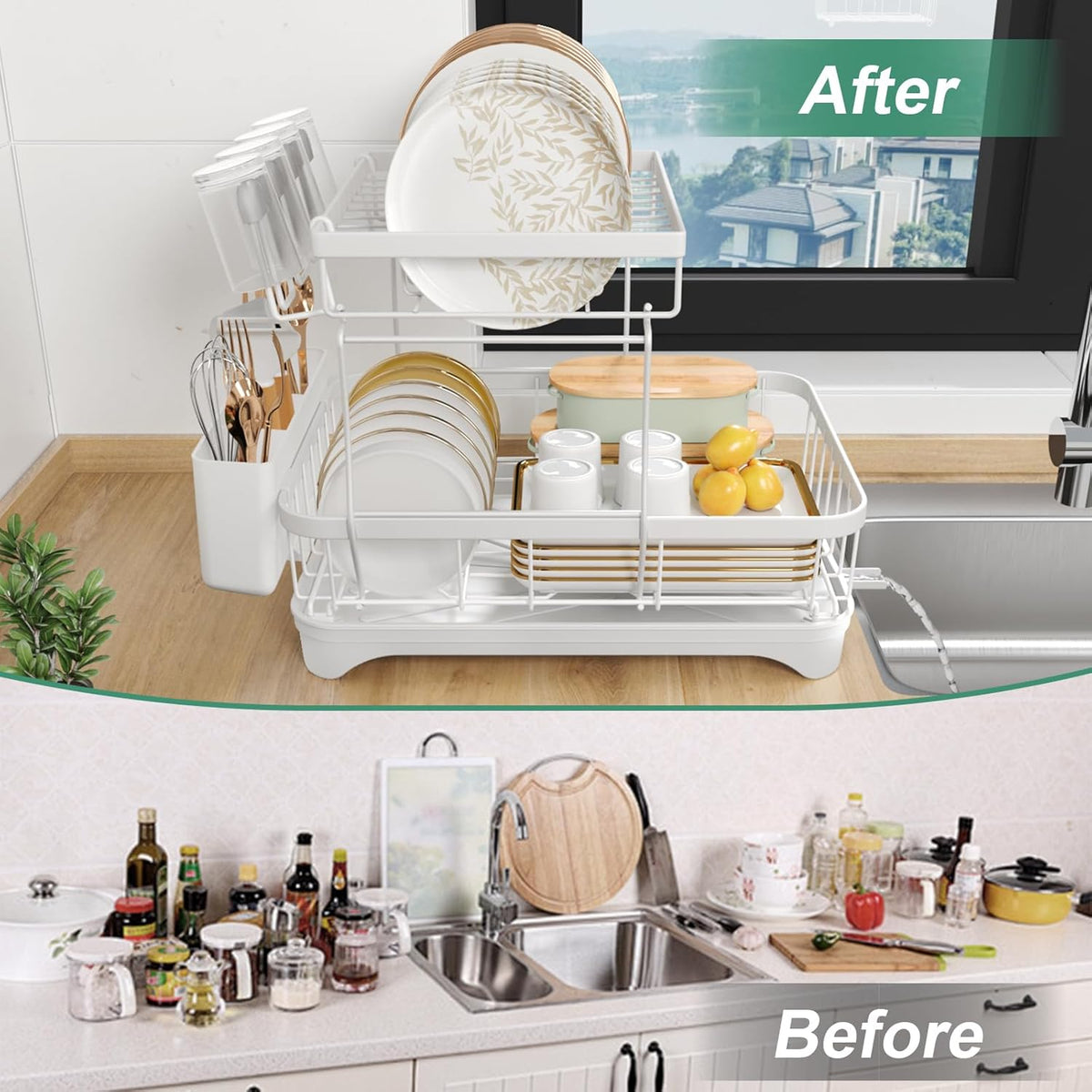 Dish Drying Rack, Two-Tier Dish Drying Rack with Utensil Holder and Cutlery Tray – Auto-Draining Large Capacity Dish Drainer with Drainboard for Kitchen Counter, White