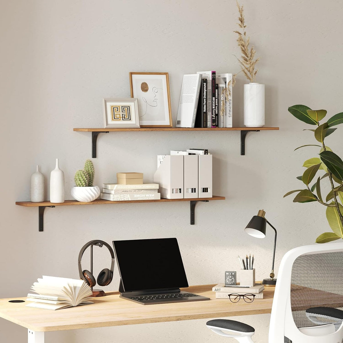 DINZI LVJ Long Wall Shelves, 47.3Inch Wall Mounted Shelves Set of 2, Extra Large Wall Storage Ledges with Sturdy Metal Brackets for Living Room, Bathroom, Bedroom, Kitchen, Rustic Brown