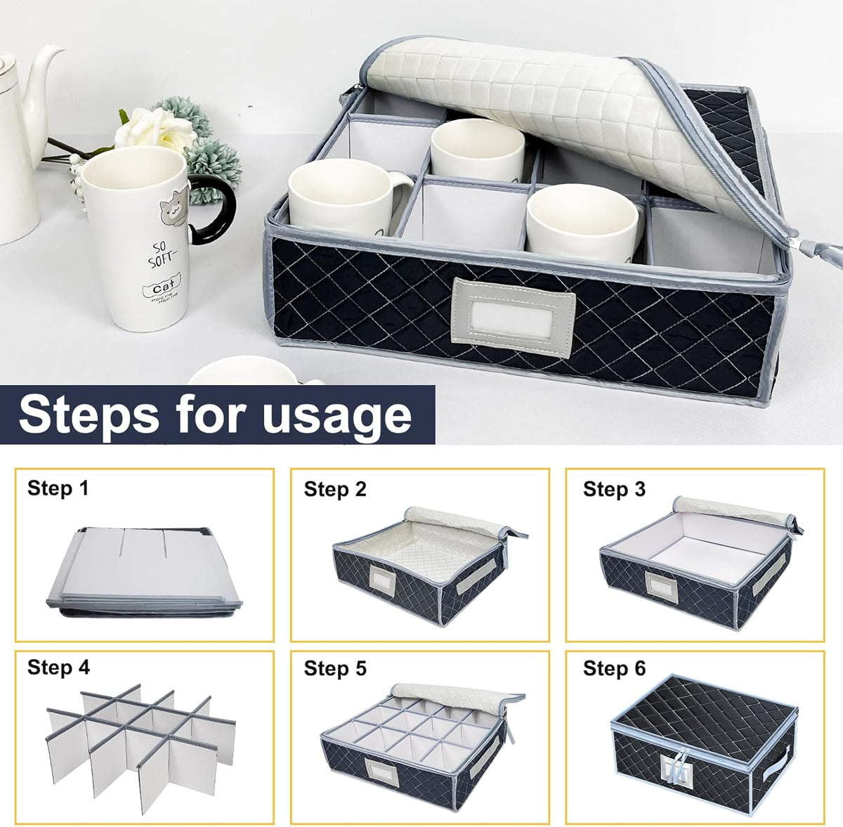 Wine Glass and Mug Storage Box with Dividers - 2 Pack China Storage Containers Set Holds 24 Glassware , StemwareïŒCoffee Mug and Tea Cup, Organizer Bin with Sturdy Metal Zipper,Label and Handles (Grey)