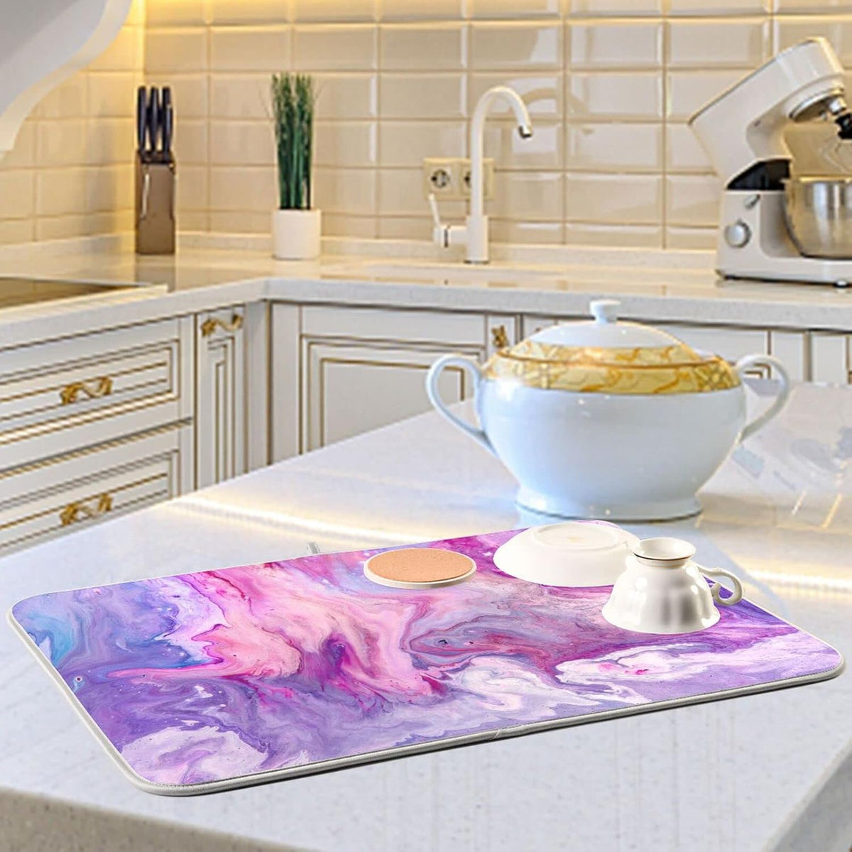 Super Absorbent Dish Drying Mat, Microfiber Fast-Drying Dish Mat, 16" x 18", Kitchen Dish Drying Pad, Abstract Purplr Pink Marble Paint